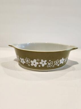 Vintage Pyrex Olive Green Floral Casserole Dish with Handles 471